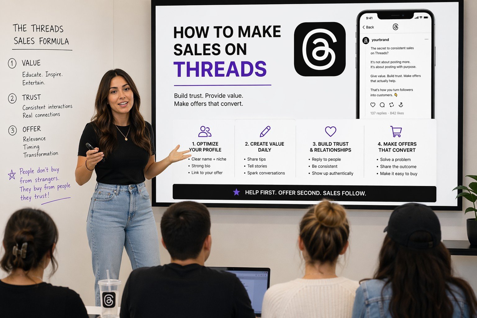 Dana Skalin presenting a Threads sales strategy slide deck to a small group of business owners